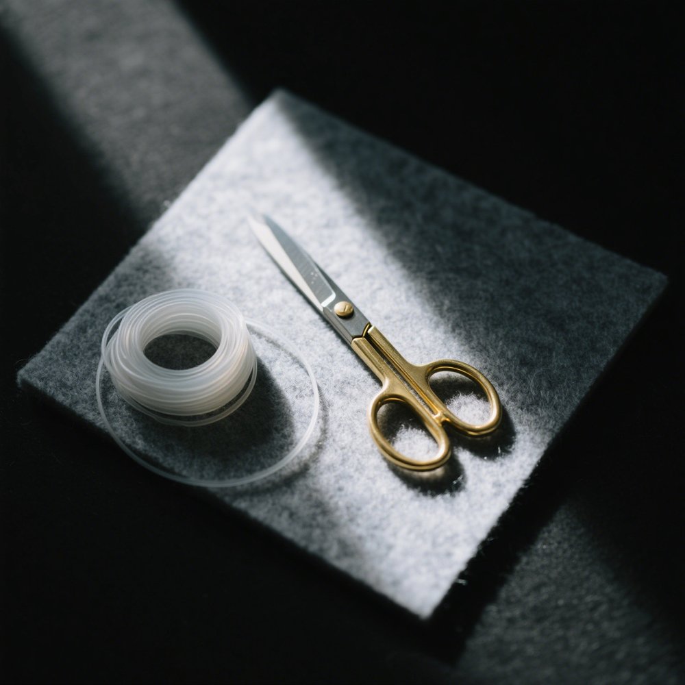 DIY jewelry crafting supplies (elastic cord, scissors) for making natural stone bracelets and necklaces