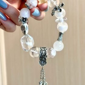 Multi-crystal bracelet worn, silver & crystals arrange, metal-water energy shows ethereal layers