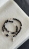 Flatlay of Silver Obsidian & Clear Quartz Double Bracelet, Silver Charms Match, Water-Metal Energy Shows Minimalist Luxury