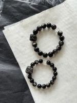 Stacked Silver Obsidian Couple Bracelets, Black-White Contrast, Water-Metal Energy Builds Couple Protection Aura