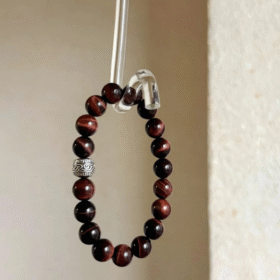 Hanging red tiger’s eye bracelet! 10mm reddish-brown beads with tiger stripes + silver charms, so edgy