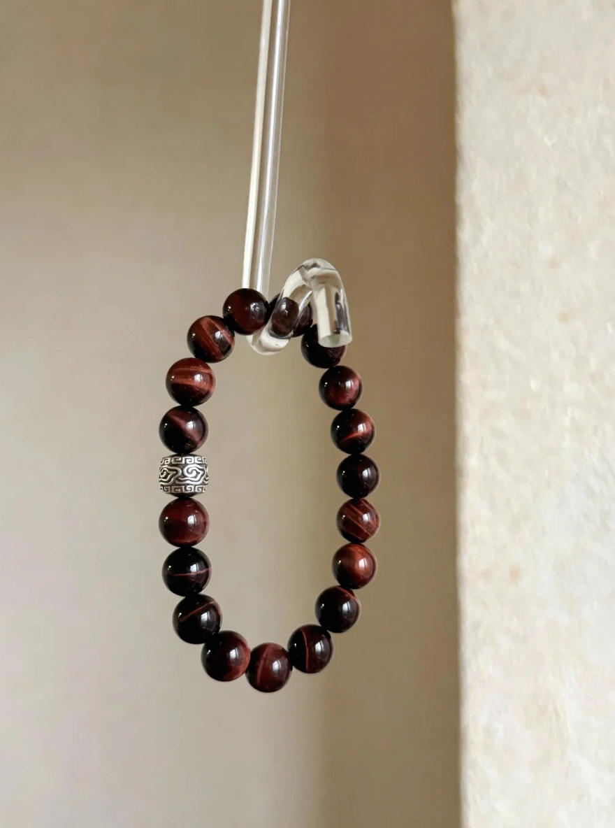 Hanging red tiger’s eye bracelet! 10mm reddish-brown beads with tiger stripes + silver charms, so edgy