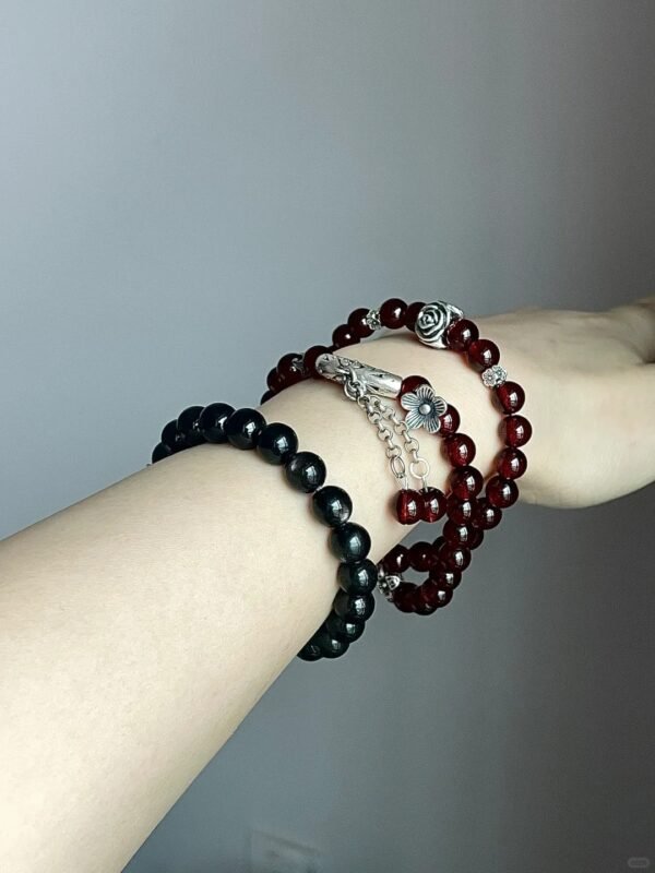 Multi-strand garnet bracelet with silver carvings, vintage design, fire-metal energy gathering luck