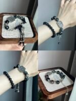 Multi-Angle Display of Vintage Silver Plaque Bracelet, Multi-Black Crystals & Silver Match, Water-Metal Energy Shows Vintage Charm