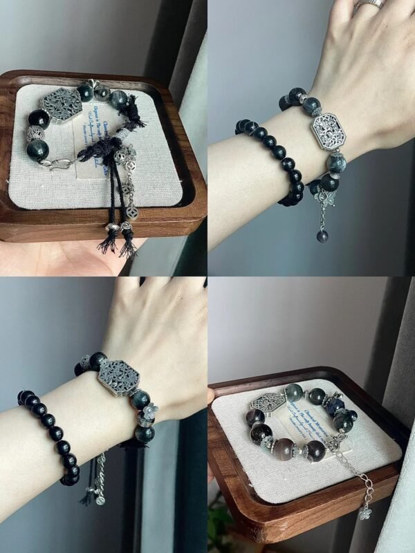 Multi-angle bracelet shots, braided tassels echoing vintage, earth-water-metal energy building protection aura