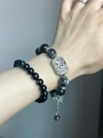 Vintage Silver Plaque Bracelet on Wrist, Hawk-Eye Stone & Silver Charms Match, Water-Metal Energy Shows Tibetan Protection Style