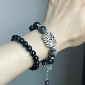 Vintage Silver Plaque Bracelet on Wrist, Hawk-Eye Stone & Silver Charms Match, Water-Metal Energy Shows Tibetan Protection Style