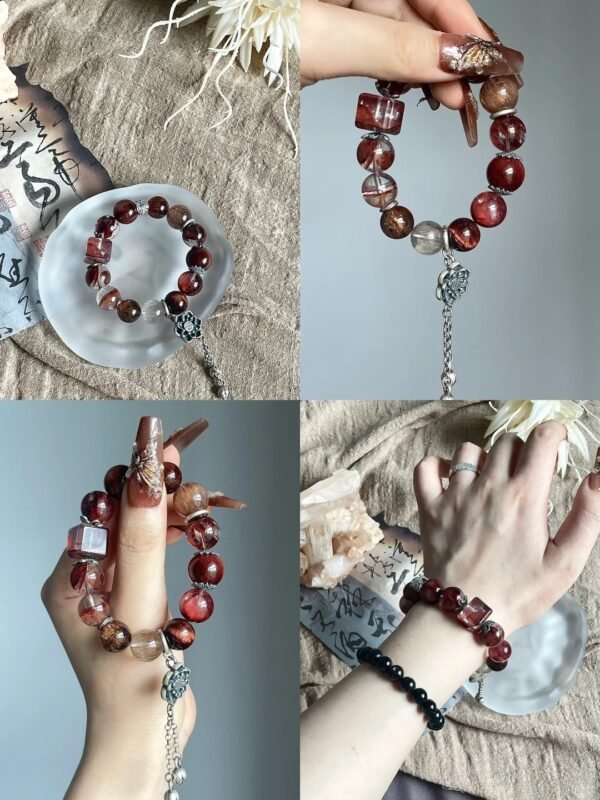 Multi-angle red rutile bracelet shots, red hues & silver twining, fire-metal energy in knots