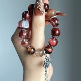 Black Gold Super Seven & Red Rutilated Quartz Bracelet Display, Water-Metal Energy Shows Mystic Balance