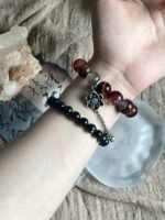 Red Rutilated Quartz & Black Crystal Stacked Bracelets, Silver Charms Accent, Fire-Earth-Metal Energy Shows Vintage Edgy Style
