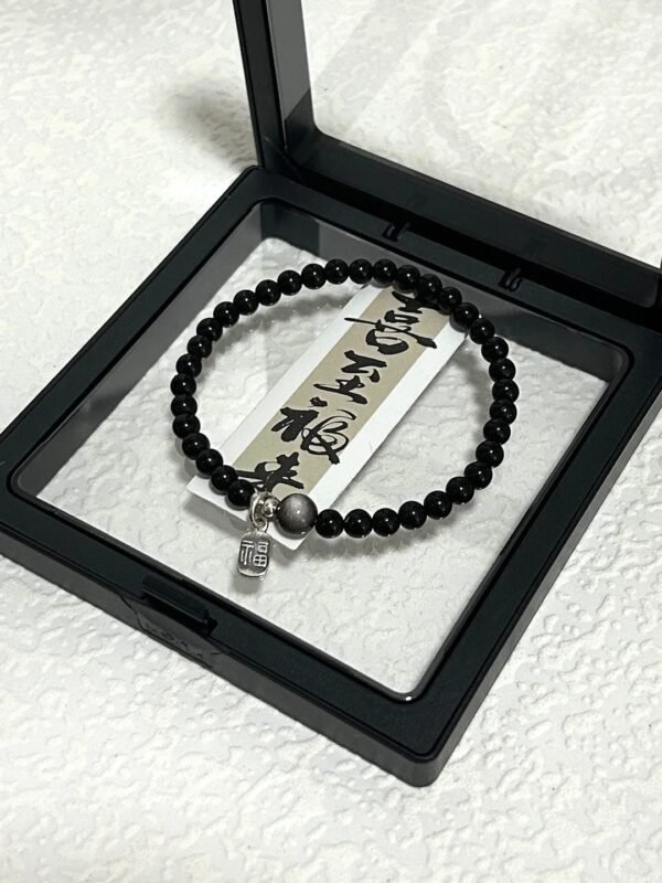 Obsidian bracelet in gift box, silver sheen obsidian top bead & S925 silver, water-metal synergy showing luxury