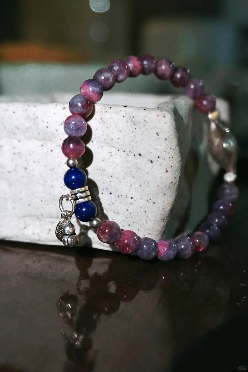 Close-up of Plum Tourmaline Bracelet, Lapis Lazuli Accents & Vintage Silver Match, Wood-Water-Metal Energy Shows Rustic Style