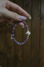 Hand-Held Plum Tourmaline Bracelet, Vintage Silver Charms Accent, Wood Energy Boosts Gentle Edge