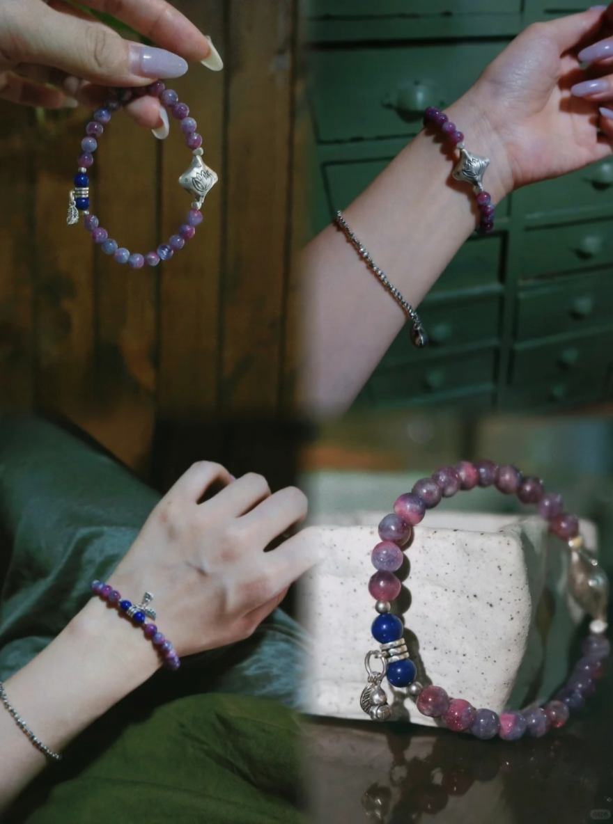 Multi-Angle Plum Tourmaline Bracelet, Lapis Lazuli & Vintage Silver Match, Wood-Water-Metal Energy Shows Diverse Charm
