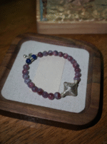 Display of Plum Tourmaline Bracelet, Vintage Silver & Lapis Lazuli Match, Wood-Water-Metal Energy Hides Balance Philosophy
