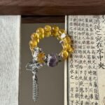 Display of Golden Rutilated Fluorite Bracelet, Purple Rabbit Hair & Silver Fan Pendant Match, Earth-Metal-Water Energy Shows Oriental Wealth Charm