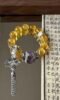Display of Golden Rutilated Fluorite Bracelet, Purple Rabbit Hair & Silver Fan Pendant Match, Earth-Metal-Water Energy Shows Oriental Wealth Charm