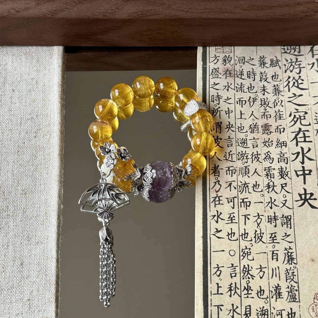 Display of Golden Rutilated Fluorite Bracelet, Purple Rabbit Hair & Silver Fan Pendant Match, Earth-Metal-Water Energy Shows Oriental Wealth Charm