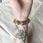 Worn Golden Rutilated Fluorite Bracelet, Purple Rabbit Hair & Silver Fan Pendant Match, Earth-Metal-Water Energy Shows Wealth Edge