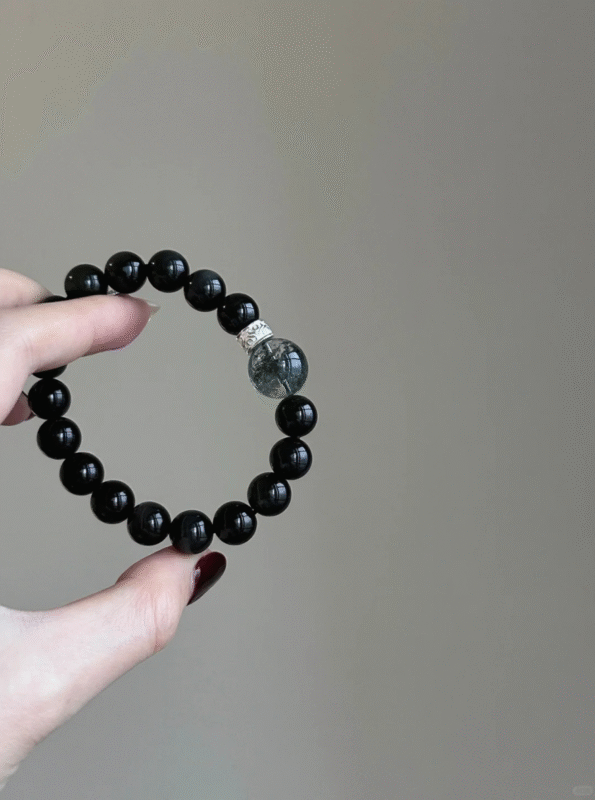 10mm Obsidian & Green Phantom Bracelet Held, Round Beads & Phantom Crystal Match, Water-Wood-Metal Energy Boosts Mystic Charm
