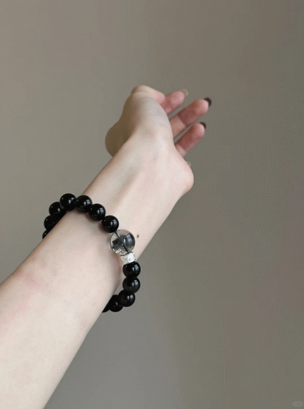 10mm Obsidian & Green Phantom Bracelet Worn, Silver Charms Accent, Water-Wood-Metal Energy Shows Protective Edge