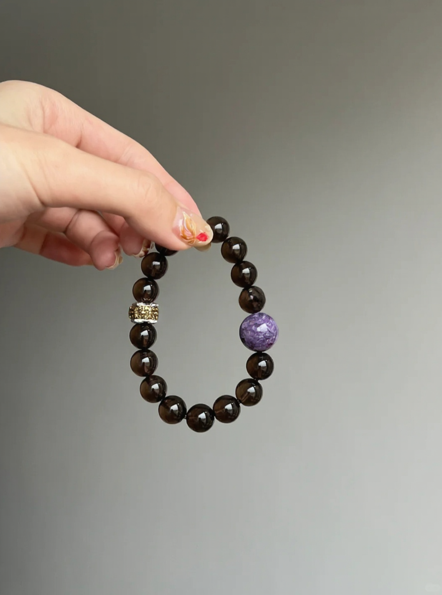 Multi-Angle 10mm Smoky Quartz & Charoite Bracelet, Charoite & Smoky Match, Earth-Wood-Metal Energy Shows Diverse Charm