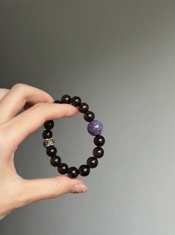 Detail of 10mm Smoky Quartz & Charoite Bracelet, Charoite Texture, Earth-Wood-Metal Energy Hides Nature’s Whispers