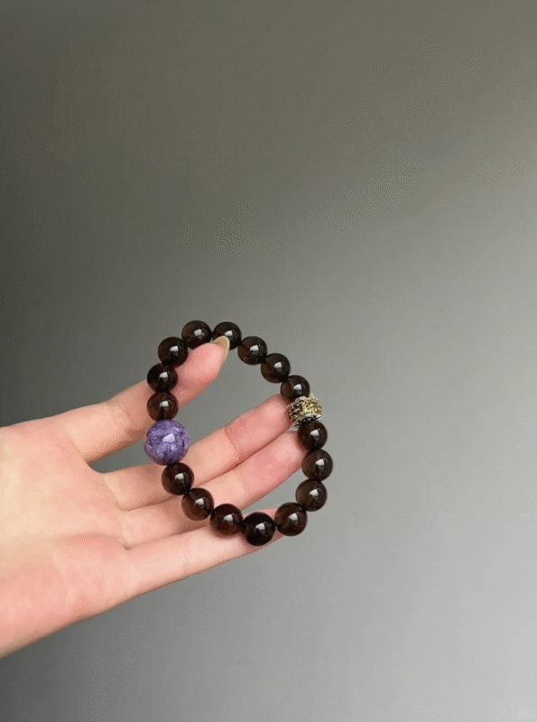 10mm Smoky Quartz & Charoite Bracelet Held, Round Beads & Purple Bead Match, Earth-Wood-Metal Energy Boosts Creative Edge