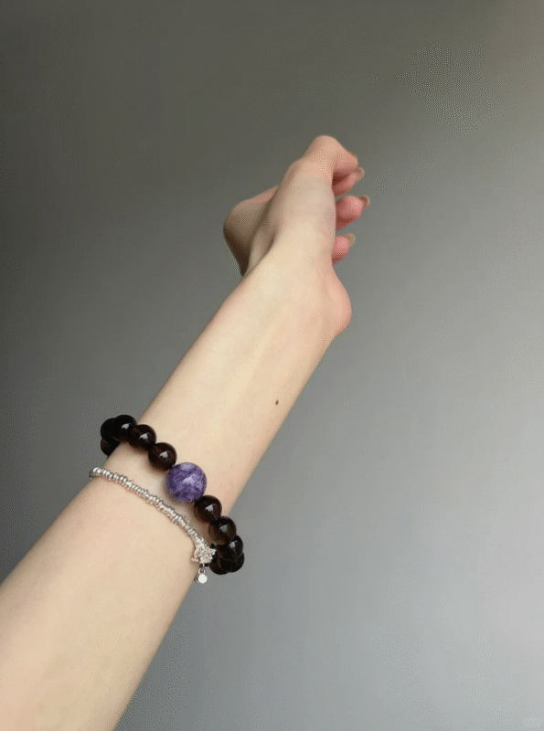 10mm Smoky Quartz & Charoite Bracelet Worn, Metal Accents Embellish, Earth-Wood-Metal Energy Shows Calm Protection