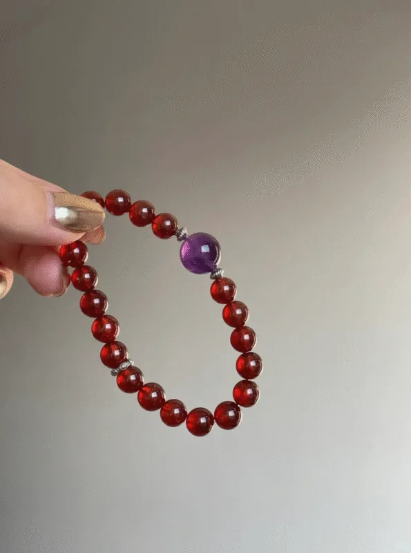 Multi-Angle 8mm Garnet & Amethyst Bracelet, Silver & Red-Purple Mix, Fire-Water-Metal Energy Shows Balance Philosophy