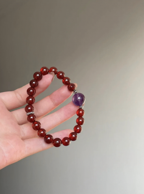 Detail of 8mm Garnet & Amethyst Bracelet, Amethyst Texture, Fire-Water-Metal Energy Hides Nature’s Whispers