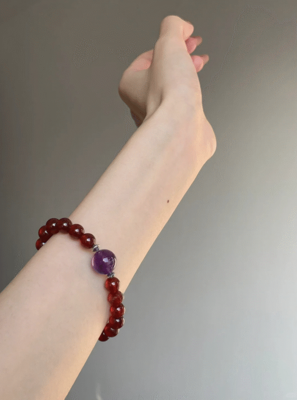 8mm Garnet & Amethyst Bracelet Worn, Silver Charms Accent, Fire-Water-Metal Energy Shows Passionate Protection