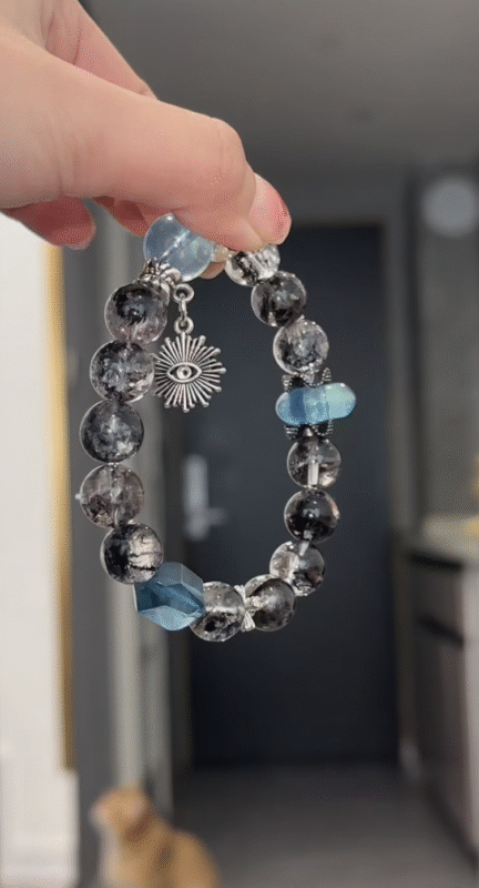Multi-angle of Herkimer Diamond & Aquamarine Bracelet, Silver Evil Eye Charm, Water-Metal Energy Shows Mystic Protection