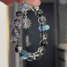 Multi-angle of Herkimer Diamond & Devil’s Blue Aquamarine Bracelet, Devil Eye Silver Charm, Water-Metal Energy Shows Illusion-Breaking