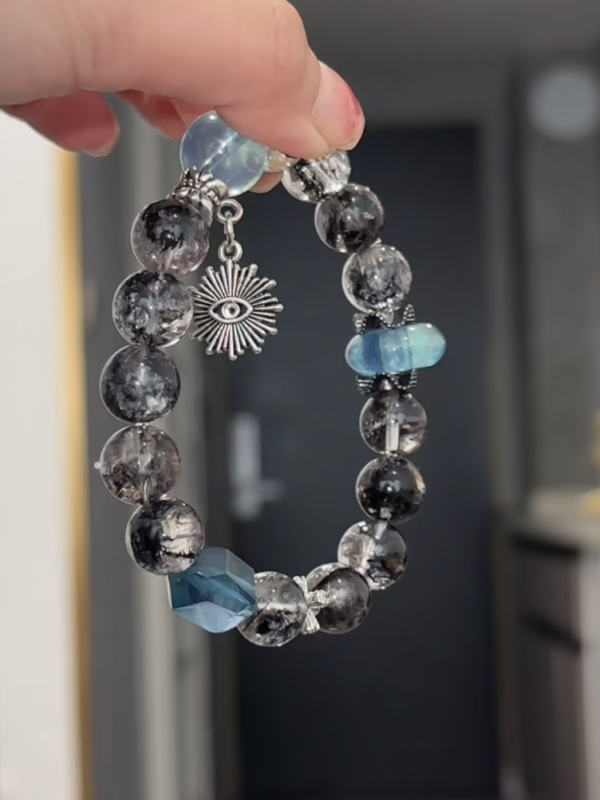 Multi-angle of Herkimer Diamond & Devil’s Blue Aquamarine Bracelet, Devil Eye Silver Charm, Water-Metal Energy Shows Illusion-Breaking
