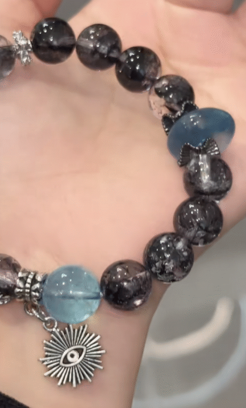 Held Herkimer Diamond & Aquamarine Bracelet, Blue-Black Contrast, Water-Metal Energy Boosts Intuition Edge
