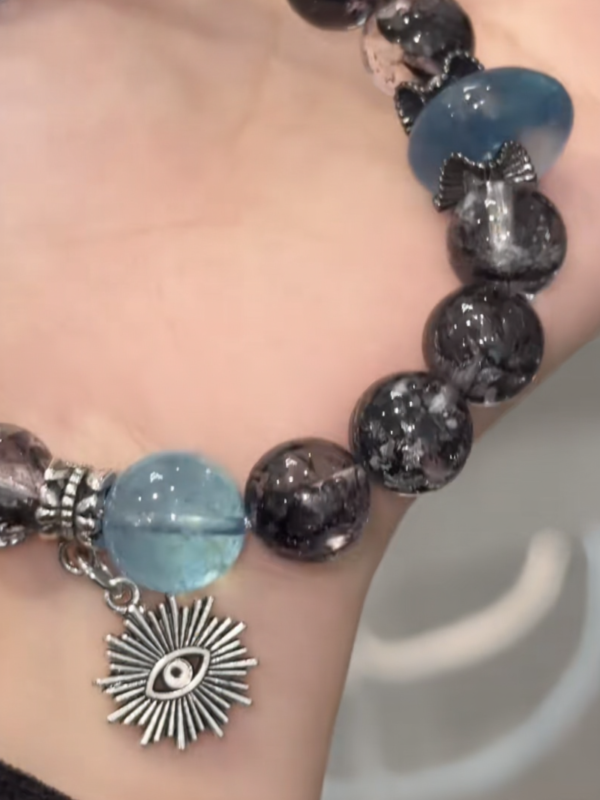 Held Herkimer Diamond & Devil’s Blue Aquamarine Bracelet, Devil Eye Charm Matches, Water-Metal Energy Boosts Intuition Edge
