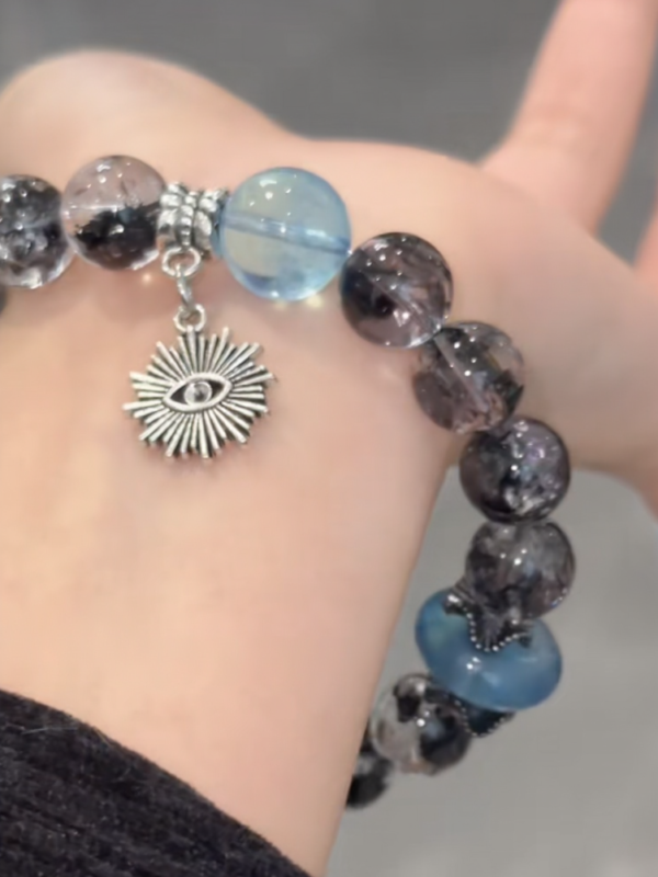 Worn Herkimer Diamond & Devil’s Blue Aquamarine Bracelet, Devil Eye Accents, Water-Metal Energy Hides High-Frequency Protection