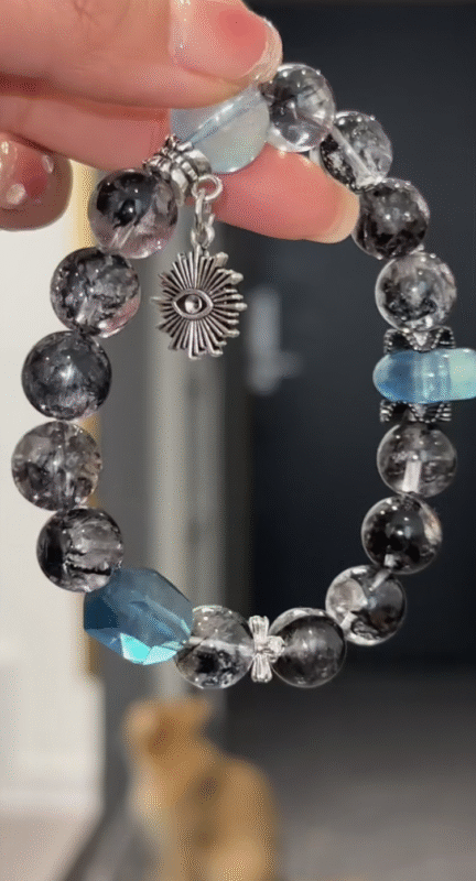 Display of Herkimer Diamond & Aquamarine Bracelet, Silver & Blue-Black Mix, Water-Metal Energy Shows Diverse Charm