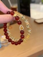 Detail of Orange Garnet & Silver-Gold Bracelet with Tourmaline & Gold Spacers, Fire-Earth-Gold Energy Shows Abundance Philosophy