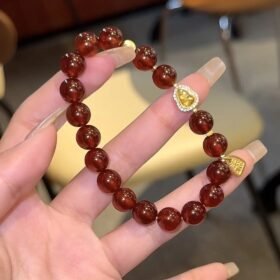 Close-Up of Orange Garnet & Silver-Gold Bracelet with Tourmaline Gourd & “Fu” Charm, Fire-Earth-Gold Energy Boosts Abundance Power