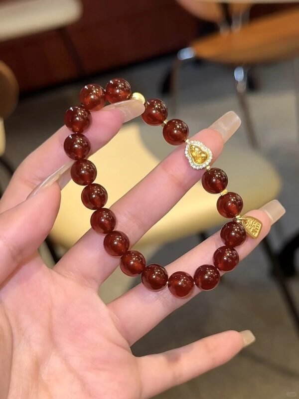 Close-Up of Orange Garnet & Silver-Gold Bracelet with Tourmaline Gourd & “Fu” Charm, Fire-Earth-Gold Energy Boosts Abundance Power
