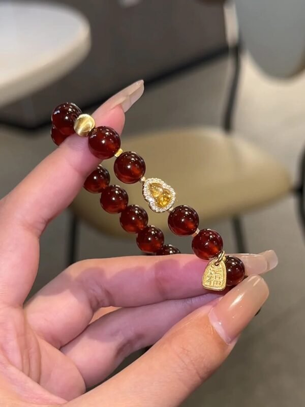 Held Orange Garnet & Silver-Gold Bracelet with Tourmaline Gourd & “Fu” Charm, Fire-Earth-Gold Energy Hides Luck Whispers