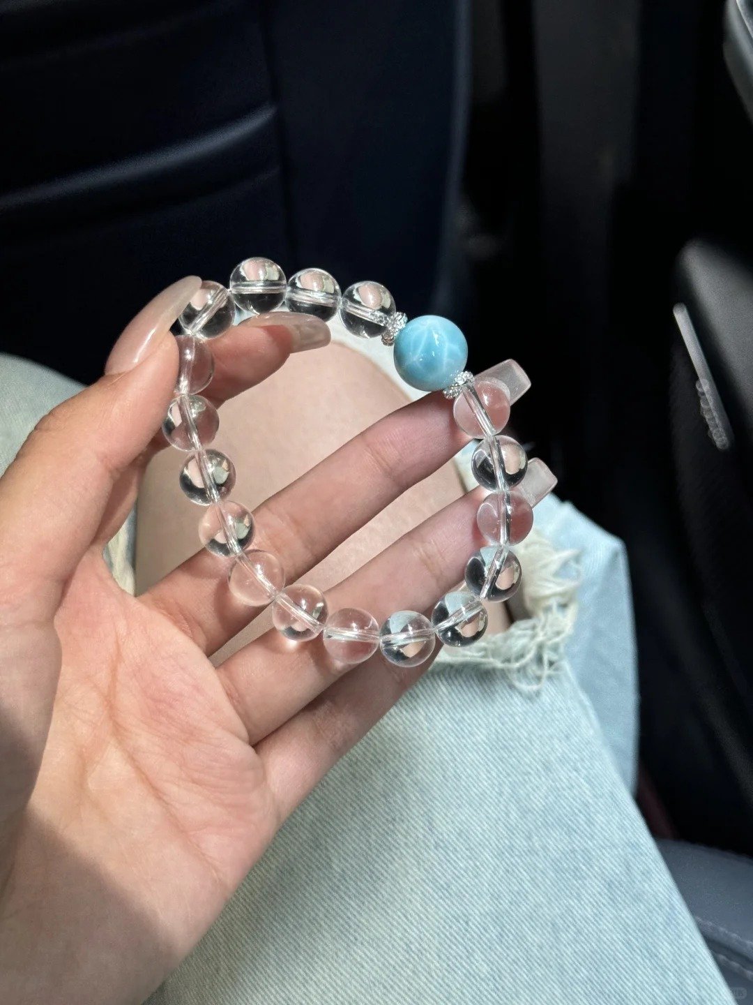 Held Larimar & Clear Quartz Bracelet, Larimar’s Unique Patterns, Quartz Beads’ Glow, Water-Gold Energy Sparks Intuition Resonance