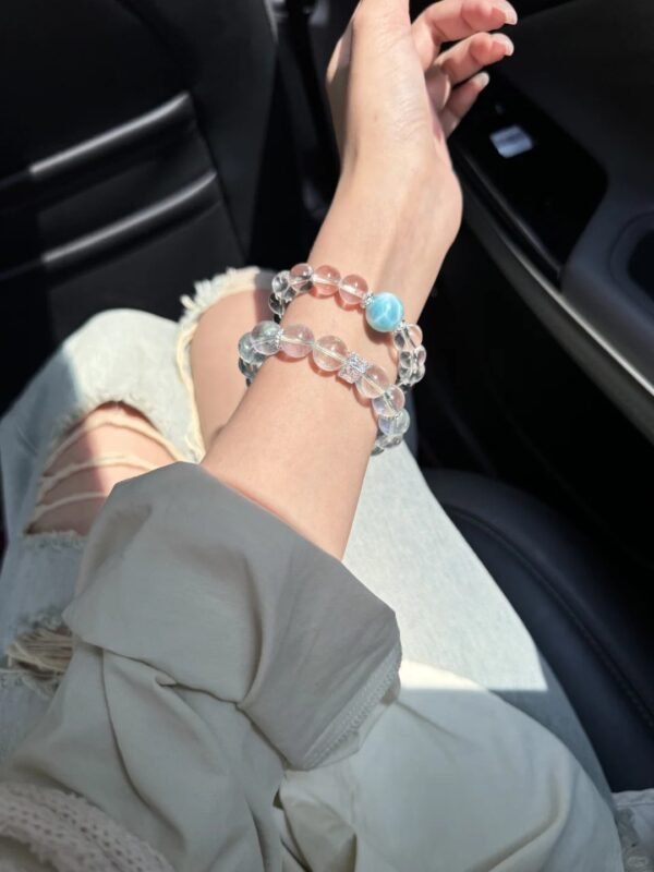 Worn Larimar & Clear Quartz Bracelet, Larimar’s Turtle-Like Blue, Quartz’s Clarity, Water-Gold Energy Unleashes Communication & Healing