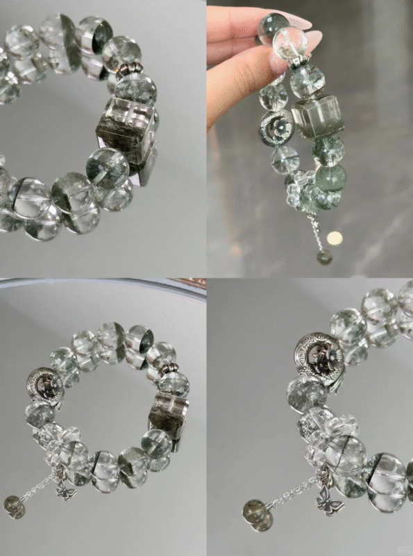 Multi-Angle of 13mm Green Phantom Quartz Bracelet, Wood-Gold Energy Shows Fate Mastery