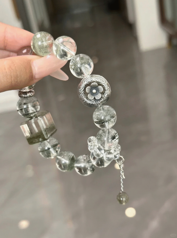 Worn 13mm Green Phantom Quartz & Neo-Chinese Silver Bracelet, Clear Beads Spark Wood-Gold Inspiration Resonance