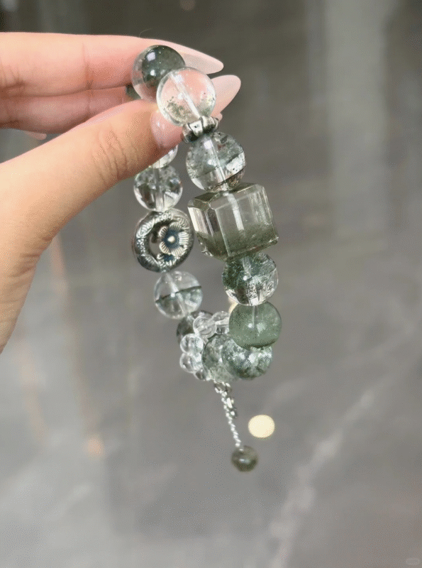 Detail of Green Phantom Quartz & Neo-Chinese Silver Bracelet, Silver Totems Hide Wood-Gold Spiritual Whispers