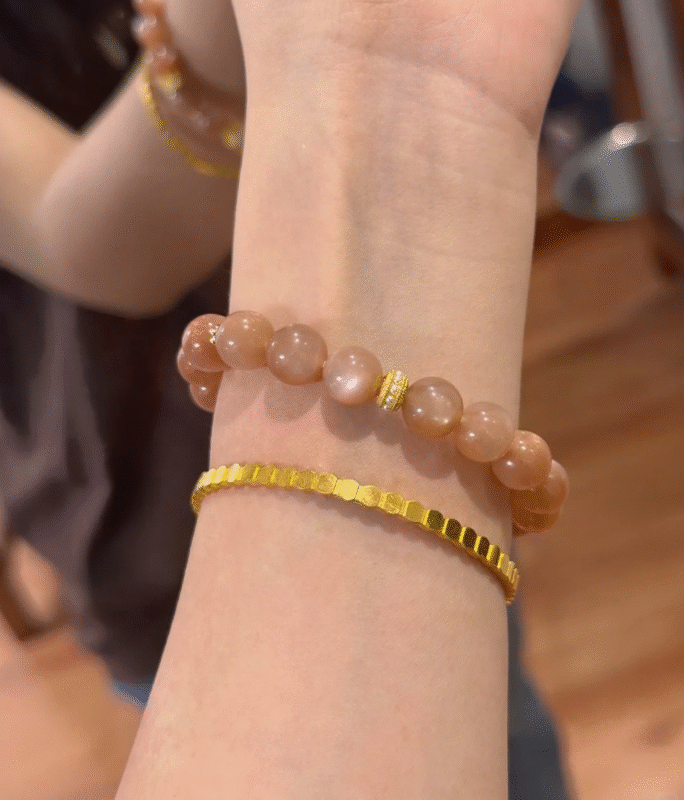 Worn Sunstone & Gold Bracelet Stacked with Gold Bangle, Fire-Gold Energy Sparks Inspiration Resonance