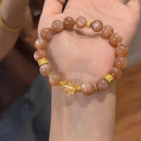 Held Sunstone & Silver-Gold Bracelet, Warm Brown Beads with Silver-Gold Accents, Fire-Gold Energy Unleashes Warm Creativity